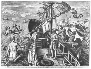 Cristóbal Colón (1451-1506) a bordo de su carabela, descubriendo América